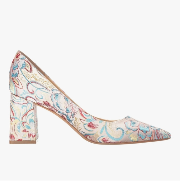 Marc Fisher Zala Pointed Toe Pumps Block Heel Floral Brocade Leather Used 6 - Picture 4 of 15